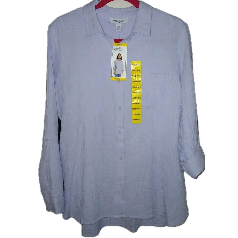 NWT NINE WEST Womens M Gauze Long Sleeve Roll-Tab Hi-Lo Cotton Solid Lilac Shirt